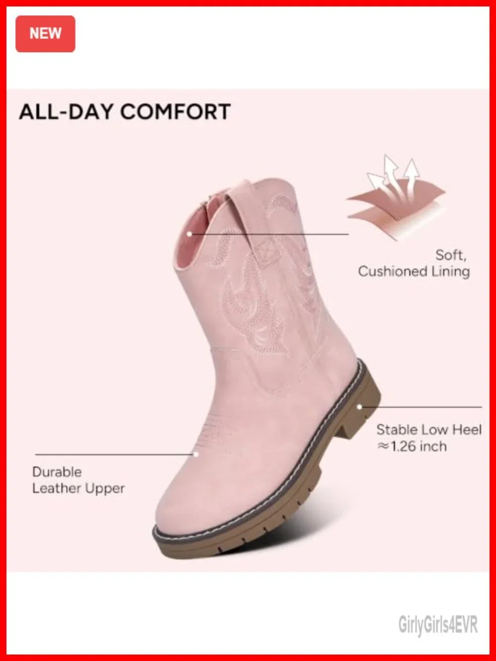 Kids Western Boots with Side Zipper, Slip-Resistant Toddler Cowgirl Boots
